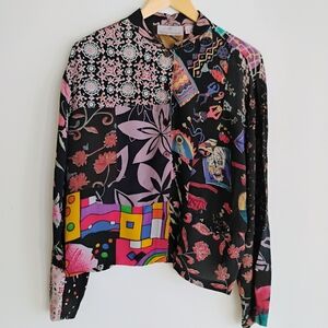 Sacred Threads Luxury Patchwork Look Button Up Top Boho Artsy Floral MEDIUM
